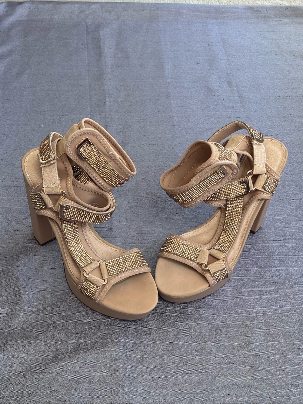 Beige Rhinestone Strap Block Heel Sandals - Women size 9